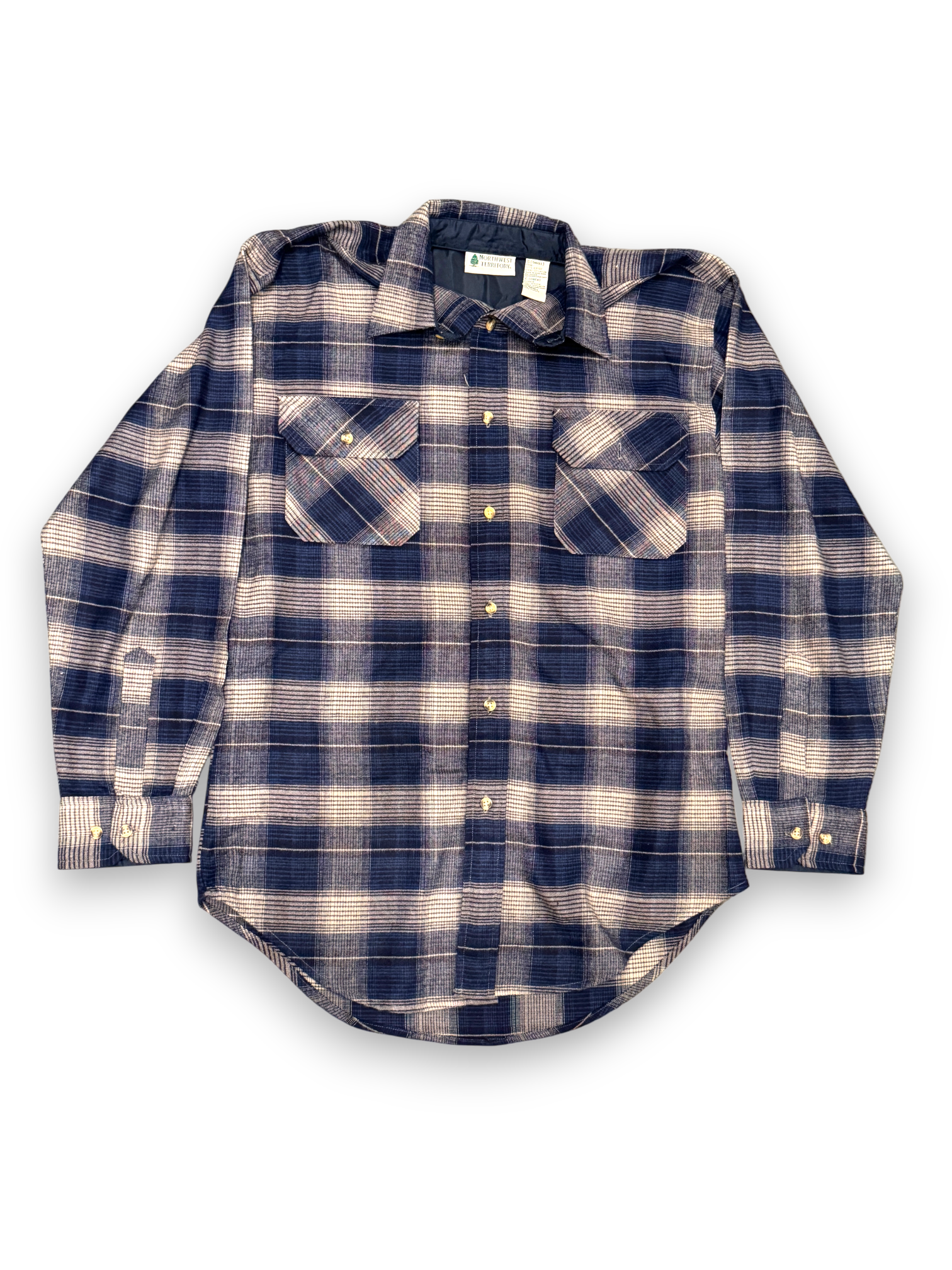 Blue and beige plaid shirt on a white background