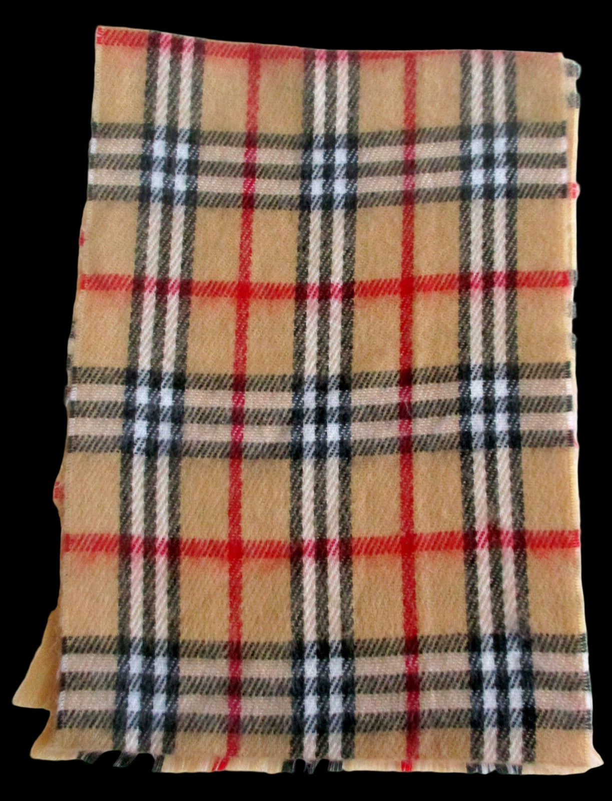 Plaid scarf with beige, red, black, and white pattern on a white background